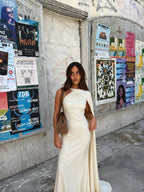 Vestido largo de satín corte de gala, color blanco, vista frontal