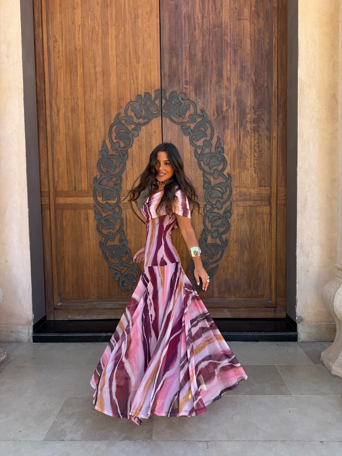 Vestido largo de tul estampado, Morado, quinta vista
