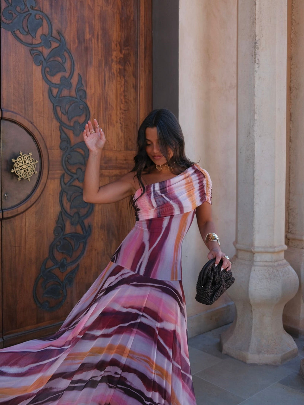 Vestido largo de tul estampado, Morado, octava vista