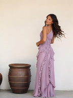 Vestido con olanes en tono lila, color lila, vista trasera