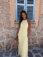 Vestido largo de verano, color amarillo, vista frontal