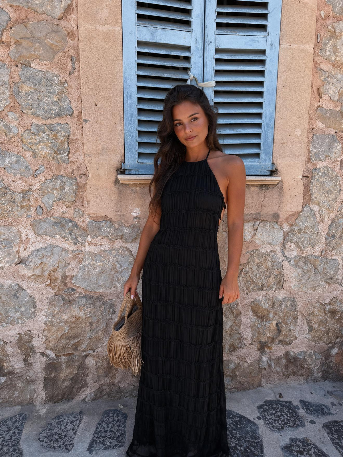 Vestido largo de verano, color negro, vista frontal