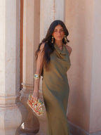 Vestido largo de viscosa, Verde, tercera vista