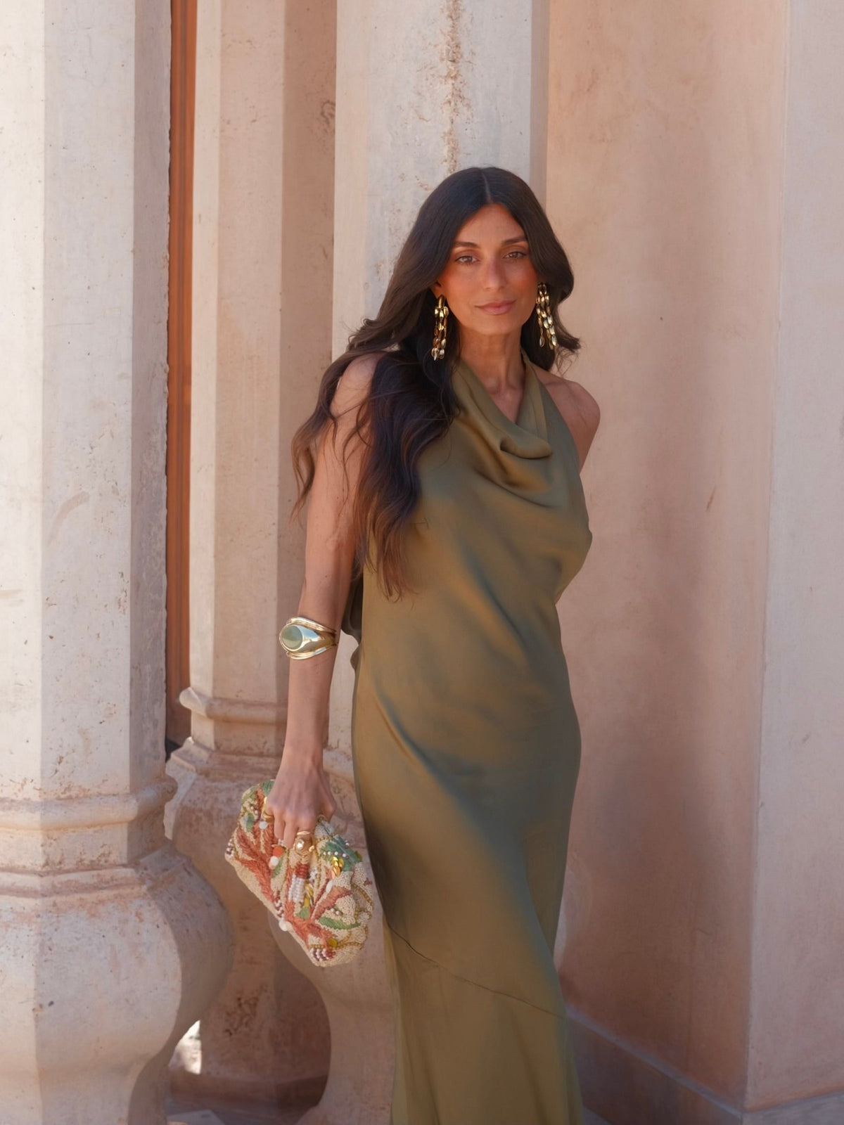 Vestido largo de viscosa, Verde, tercera vista