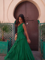 Vestido largo elegante de caída fluida, color verde, tercera vista