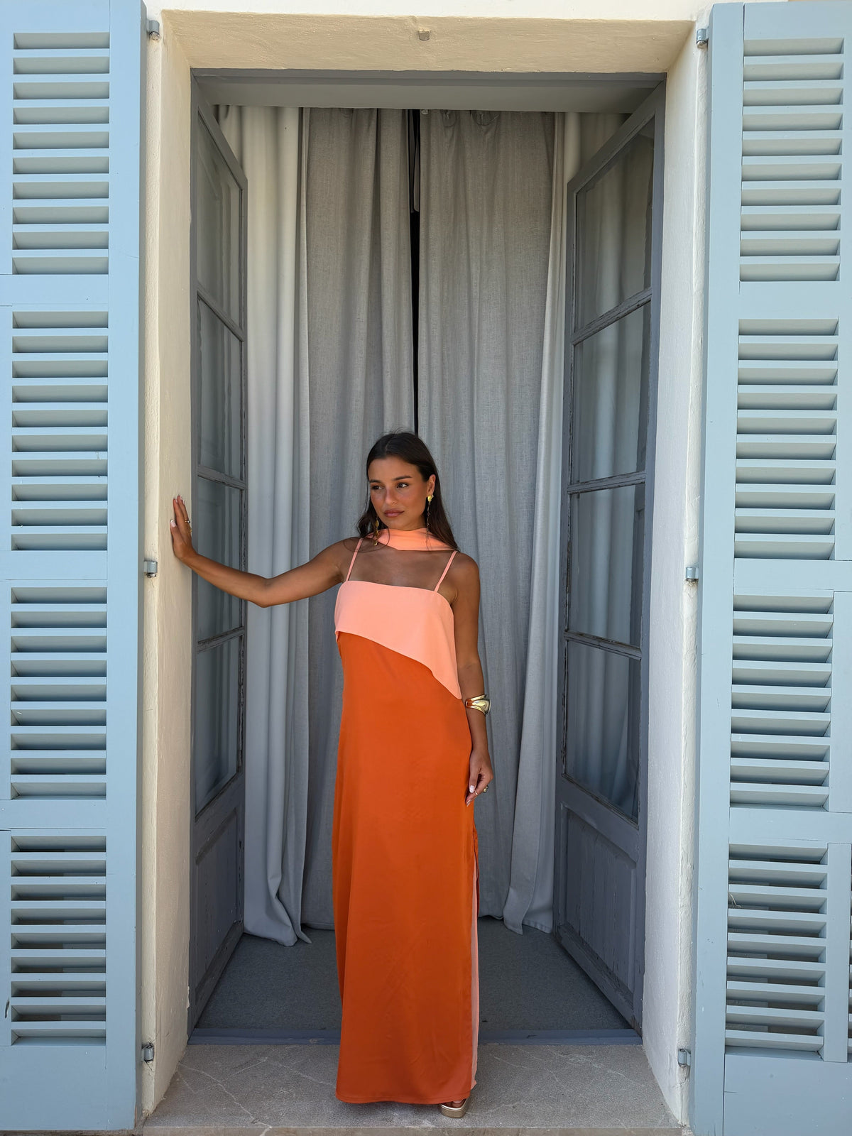 Vestido largo estampado, Naranja, vista frontal