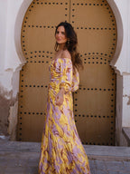 Vestido largo floral con escote profundo, color amarillo, segunda vista