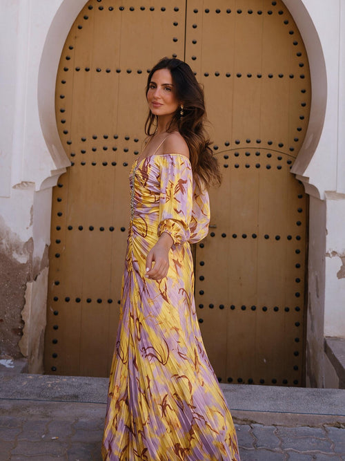 Vestido largo floral con escote profundo, color amarillo, segunda vista