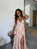 Vestido largo halter con abertura, vista frontal