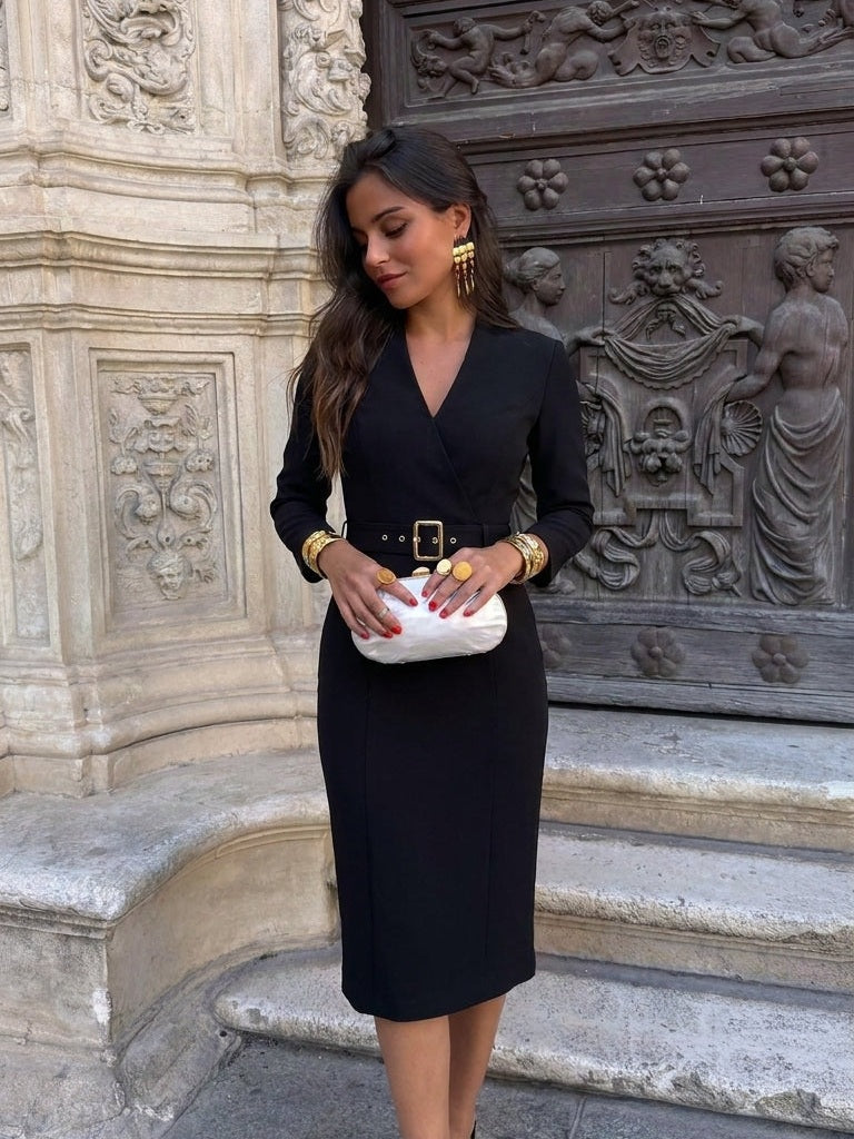 Vestido midi con cinturón y manga larga, vista frontal