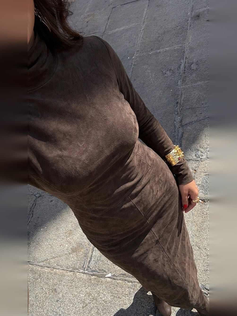 Vestido midi efecto gamuza con cuello mao, cuarta vista