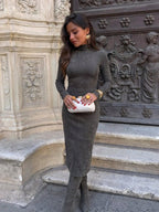 Vestido midi efecto gamuza con cuello mao, segunda vista