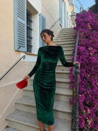 Vestido midi elegante entallado, color verde, vista frontal