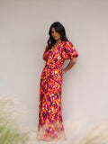 Vestido midi floral con mangas abullonadas, color naranja, vista frontal