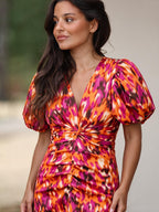 Vestido midi floral con mangas abullonadas, color naranja, tercera vista
