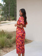 Vestido midi floral con mangas abullonadas, color naranja, segunda vista