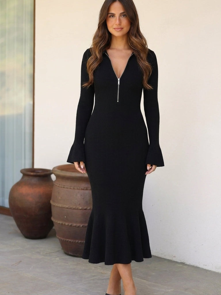 Vestido midi tejido con cuello de cierre, tercera vista